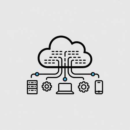 Black outline vector illustration on light gray background depicts a cloud server connected to a...