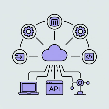 A light gray background features a lavender cloud at the center of a diagram illustrating zero-touch deployment.  Connected are icons representing API, database, file transfer, coding, and robotic automation.のイラスト素材