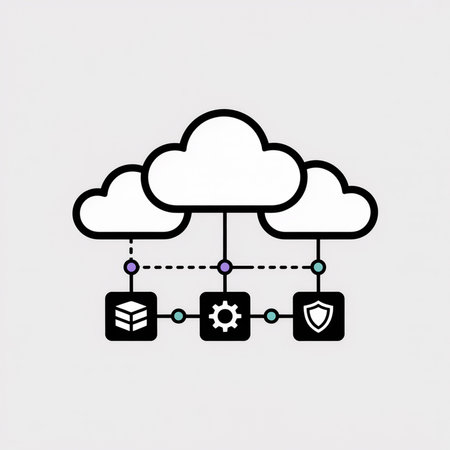 Three white clouds connected to data storage gear and security icons via network lines and small...