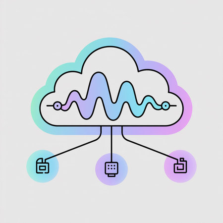 Pastel blue and purple cloud icon with a waveform representing data transfer connected to three devices.  Line art style, minimalist design.のイラスト素材