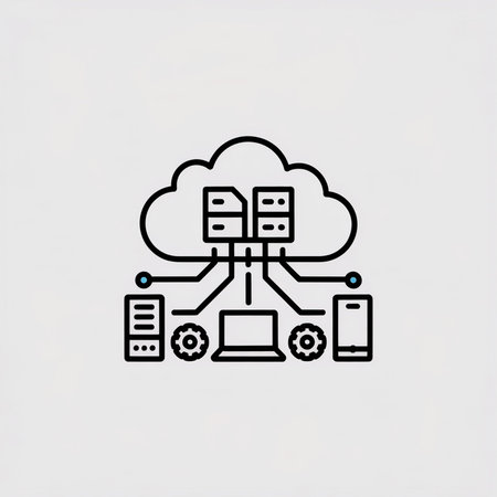 Black and white vector graphic depicting a cloud server connected to various devices via lines and...