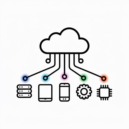 Minimalist black line art illustration depicting a cloud connected to a server database tablet...