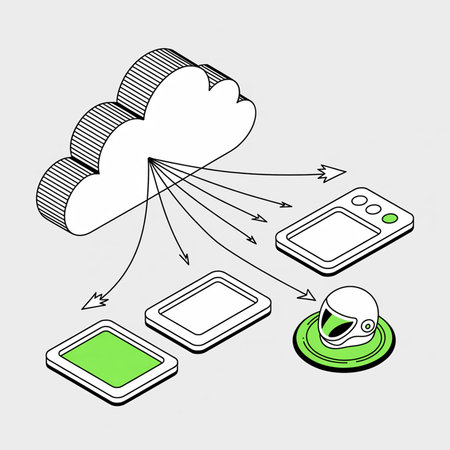 Isometric line art illustration depicting cloud data transfer to various devices including a tablet...