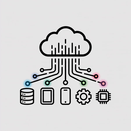 Black outline icons of a cloud, smartphone, tablet, database, gear, and microchip connected by...