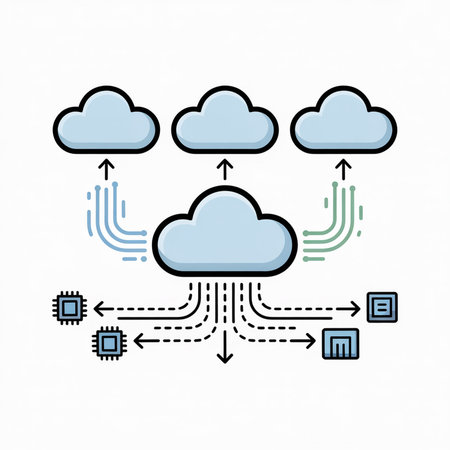 A stylized illustration depicts a light blue central cloud receiving and sending data to three smaller light blue clouds and multiple microchips via dashed lines.  The style is simple and clean.のイラスト素材