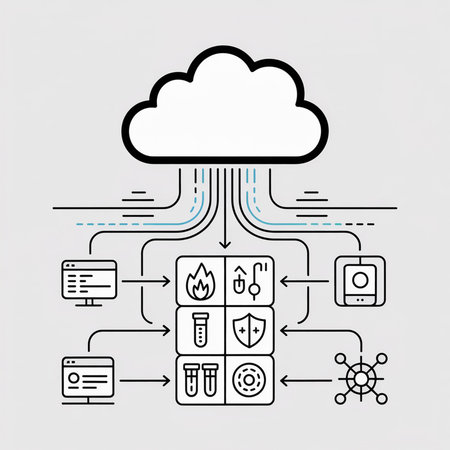 A light gray background features a black cloud and light blue lines illustrating a data network...