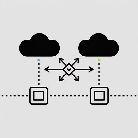 Simple diagram illustrating hybrid cloud data transfer using black cloud and server icons connected by dashed lines light blue and green dots mark data flowのイラスト素材