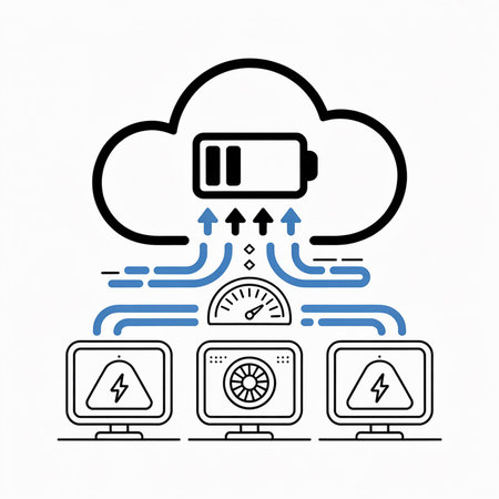 Blue and black line art illustration depicting a low battery cloud system transferring data to three computer monitors displaying warning and performance indicators.のイラスト素材