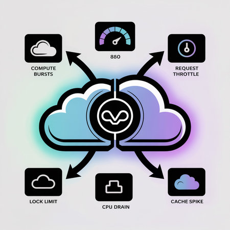 A stylized diagram depicts a cloud engine with pastel blue and purple clouds connected to boxes indicating compute bursts, request throttle, lock limit, CPU drain, and cache spike; a speedometer shows 860.のイラスト素材