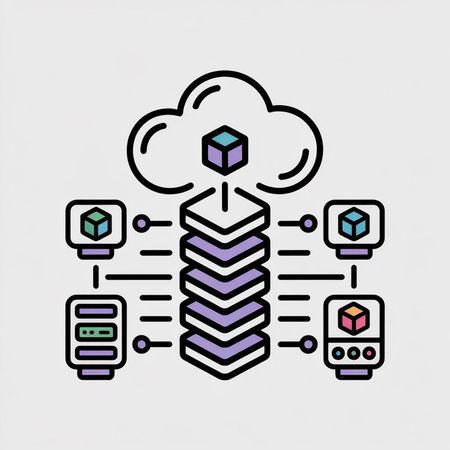 Vector illustration depicting a cloud computing system with pastel-colored servers, data cubes, and connecting lines showing data transfer.  A central cloud icon is featured.のイラスト素材