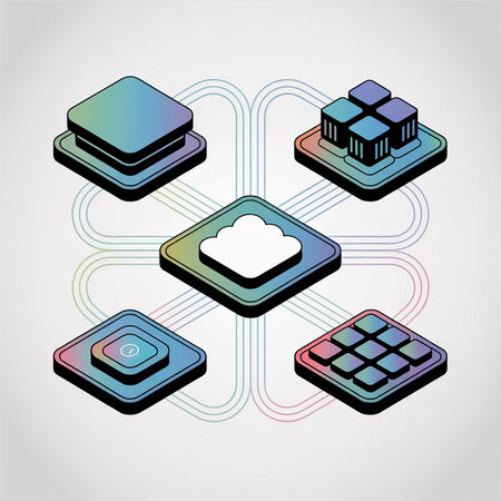 Isometric illustration depicting a cloud computing network with servers data cubes and interface elements connected by multicolored lines on a light gray background.  The style is clean and modern.のイラスト素材