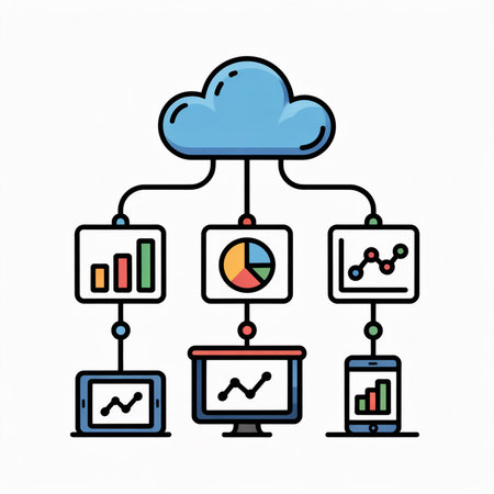 A vibrant illustration shows a blue cloud connected to various devices displaying bar charts pie...