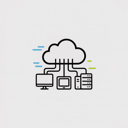 Black outline vector illustration of a cloud computing network on a white background featuring a cloud connected to a desktop computer, server, and other devices via light blue and green lines.のイラスト素材