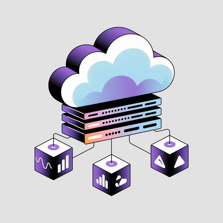 Isometric illustration depicting a purple and blue gradient cloud connected to stacked servers and data cubes containing data visualizations.のイラスト素材