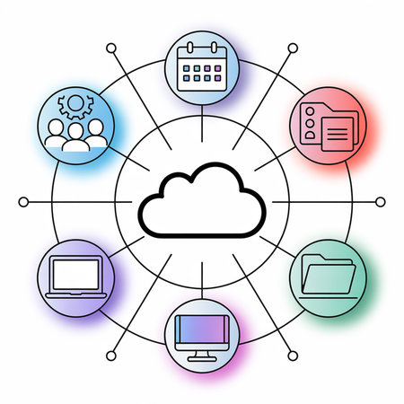 A central cloud icon is connected to pastel-colored circles containing line art icons of a laptop, desktop, calendar, team, and folders.  The style is minimalist and uses a light color palette.のイラスト素材