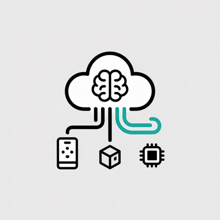 A graphic illustration depicts a cloud containing a brain connected via teal lines to a smartphone, cube, and microchip.  The style is minimalist and uses black and teal.のイラスト素材