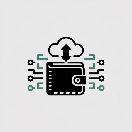 Black wallet icon with cloud upload download arrows green circuit lines simple minimalist vector...