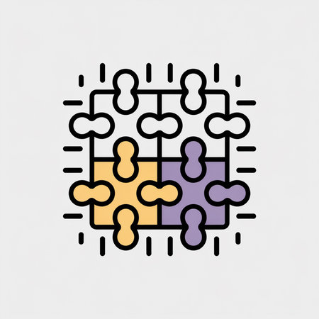 A vector illustration depicts a minimalist jigsaw puzzle icon with pale yellow purple and white pieces forming three distinct sections The style is simple flat design with bold outlinesのイラスト素材