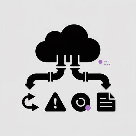 Black flat design illustration depicting a black cloud with three black pipes transferring data to a document, warning sign, circular icon, and recycle arrows on a light gray background.のイラスト素材
