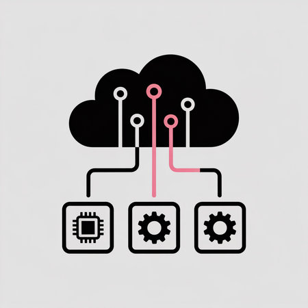 A minimalist illustration depicts a black cloud connected to microchip and gear symbols via lines on a light gray background. Pink and white accents highlight the connections.のイラスト素材