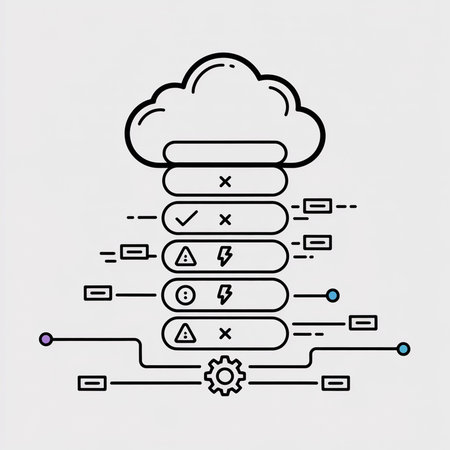 Black line art illustration on light gray depicts a cloud connected to data blocks with checkmarks...