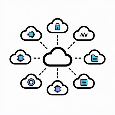 A stylized diagram depicts a central cloud connected via dashed lines to smaller clouds containing...