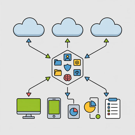 Three light blue clouds connect to a central hexagon displaying data security and access control icons linked to a desktop computer, smartphone, tablet, and checklist.  Simple line art style.のイラスト素材