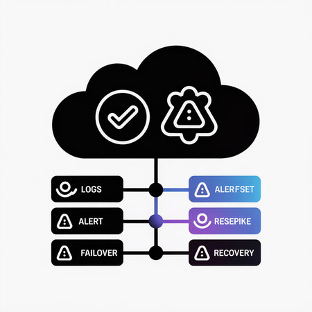 A black cloud computing diagram displays a vertical timeline showing system logs, alert, failover, resepike, and recovery processes using checkmark and warning symbols.  Gradient blue and purple accents highlight key stages.のイラスト素材