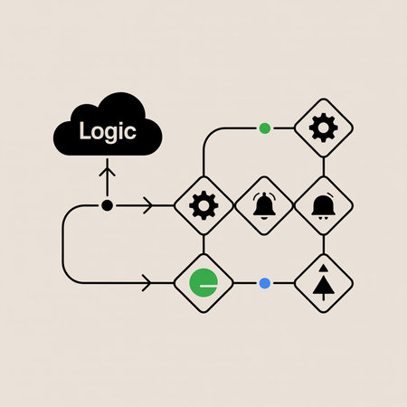 A minimalist workflow diagram on a beige background uses black icons green and blue dots and arrows...