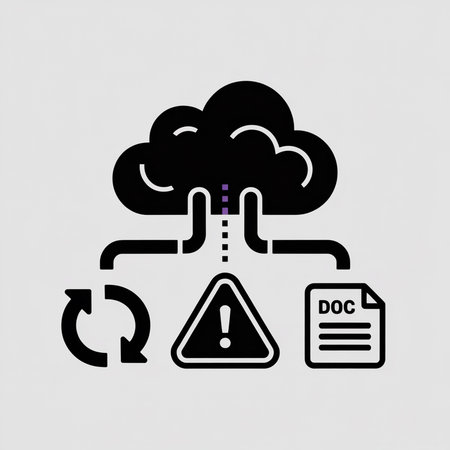 A simple black and purple graphic depicts a cloud connected to a document file via lines and symbols indicating data transfer and a security warning.のイラスト素材