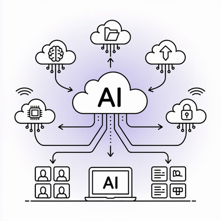 Black line art diagram on a lavender background depicts a federated AI learning system data flow between cloud servers, a laptop, and users with secure data storage.のイラスト素材