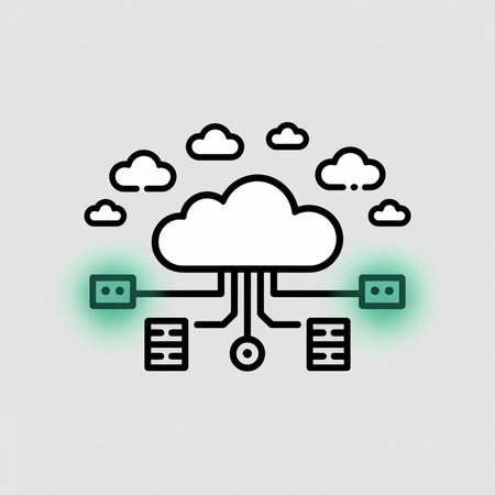 Light grey background features a minimalist black outline illustration of a central white cloud connected to teal green nodes and black outline servers via lines Small white clouds surround the central cloudのイラスト素材