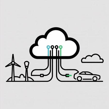 Black and white line art vector illustration depicting an electric car charging from a cloud symbolizing renewable energy sources including wind turbines and a streetlightのイラスト素材