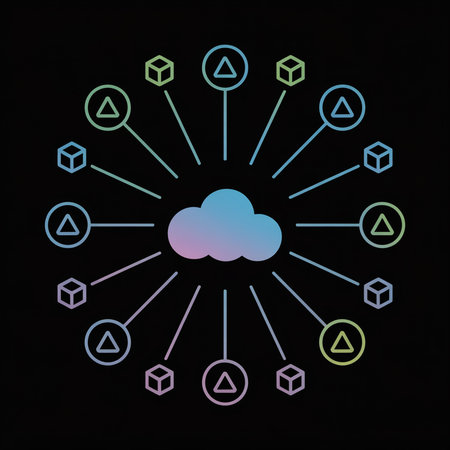 A dark background features a central pastel blue and purple cloud connected by thin lines to...