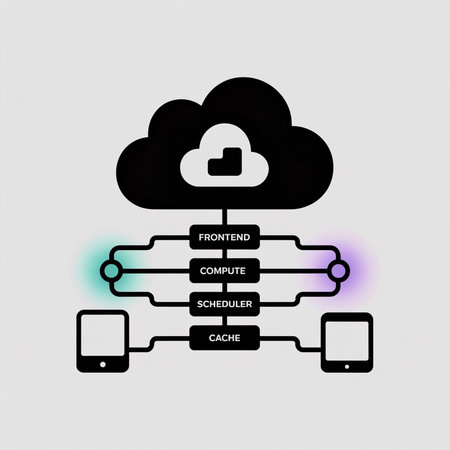 A minimalist diagram depicts a black cloud connected to two smartphones via teal and purple lines  The cloud contains smaller black cloud icon.  Labels indicate frontend, compute, scheduler, and cache functions.のイラスト素材