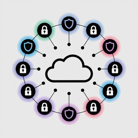 A minimalist illustration depicts a central cloud icon surrounded by interconnected circles featuring pastel padlock and shield icons in soft blue green purple pink and teal huesのイラスト素材