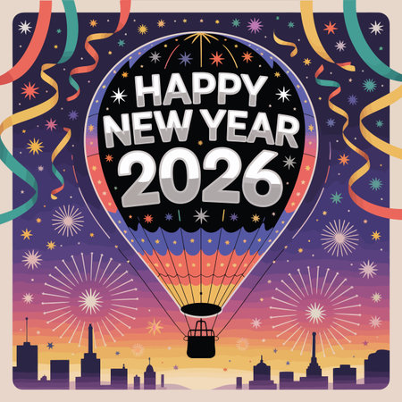 A hot air balloon is filled with New Year 2026 greetings amidst fireworks and confetti.のイラスト素材