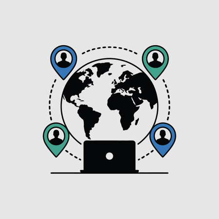 Black and white illustration of a globe with people icons and location pins connected to a laptopのイラスト素材