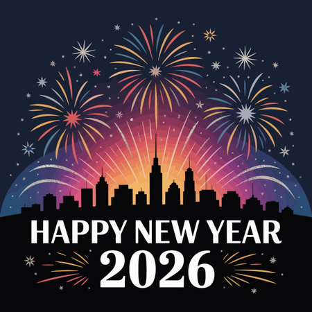 A city skyline is illuminated by a spectacular fireworks display for Happy New Year 2026.のイラスト素材