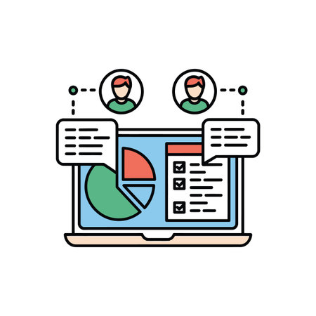 Laptop displaying pie chart and checklist with user icons and chat bubbles. Scalable vector forma...のイラスト素材