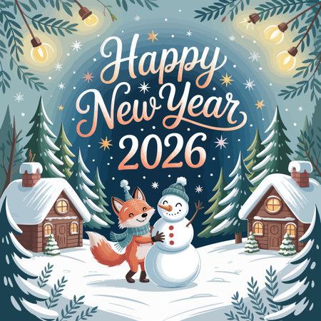 A cute illustration of a fox and snowman in a snowy forest celebrating the New Year.のイラスト素材