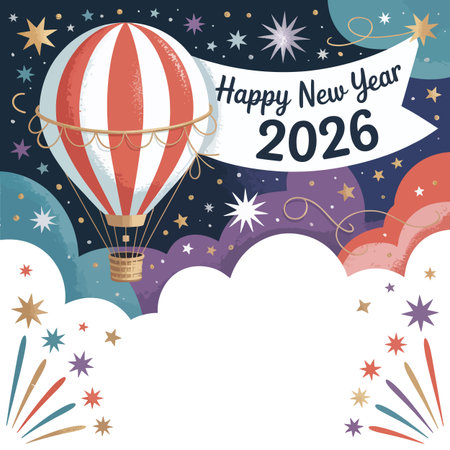 A festive hot air balloon floats in a starry night sky with clouds and confetti. Scalable vector ...のイラスト素材