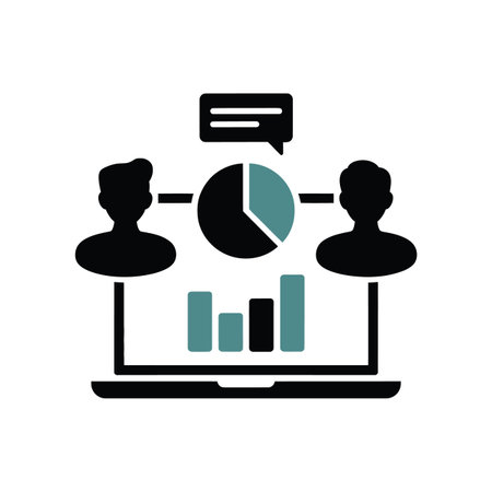 Icon of two people silhouettes connected to a laptop displaying charts and a chat bubbleのイラスト素材