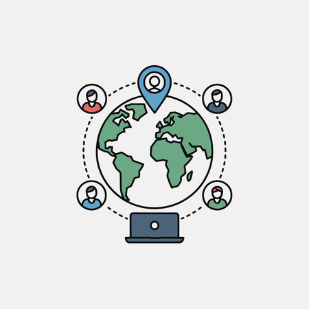 Stylized illustration of a globe with people icons and location pins connected to a laptopのイラスト素材