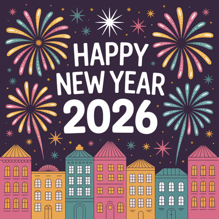 Vector white featuring happy new year 2026 with white text and fireworks over colorful houses...のイラスト素材