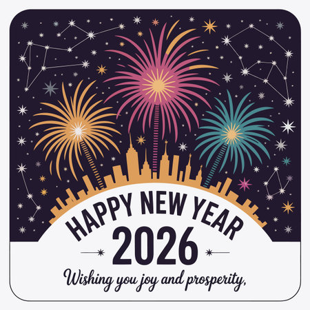 Vector skyline featuring happy new year 2026 fireworks over city skyline with constellations...