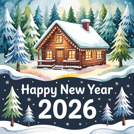 Happy New Year 2026 illustration featuring a cozy cabin in a vibrant snowy forest. Scalable vecto...のイラスト素材