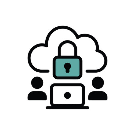 Cloud security icon with a padlock and two user silhouettes connected to a laptop. Scalable vecto...のイラスト素材