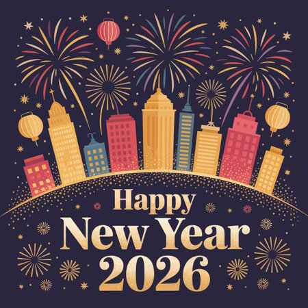 Vector urban featuring happy new year 2026 with golden text and fireworks over city buildings...のイラスト素材