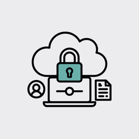 A cloud icon with a padlock sits above a laptop, document, and user profile icon. Scalable vector...のイラスト素材